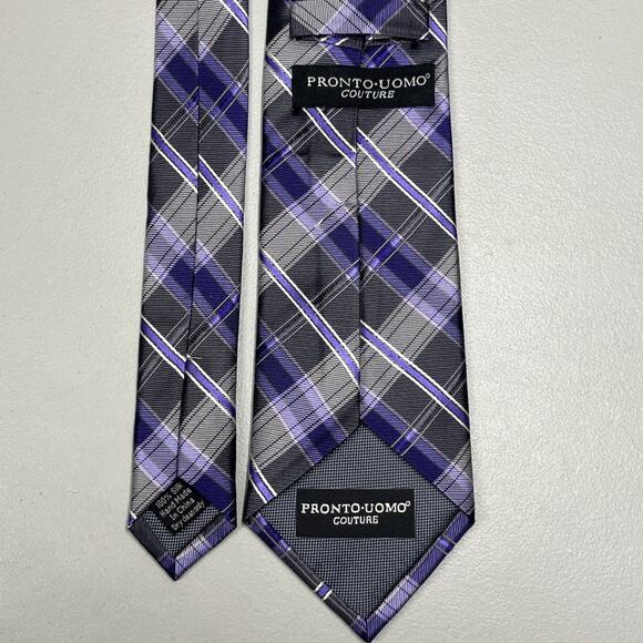 Pronto Uomo Couture Silk Tie Purple Gray Plaid Mens Handmade Necktie 3 1/4"X60" - Picture 5 of 9